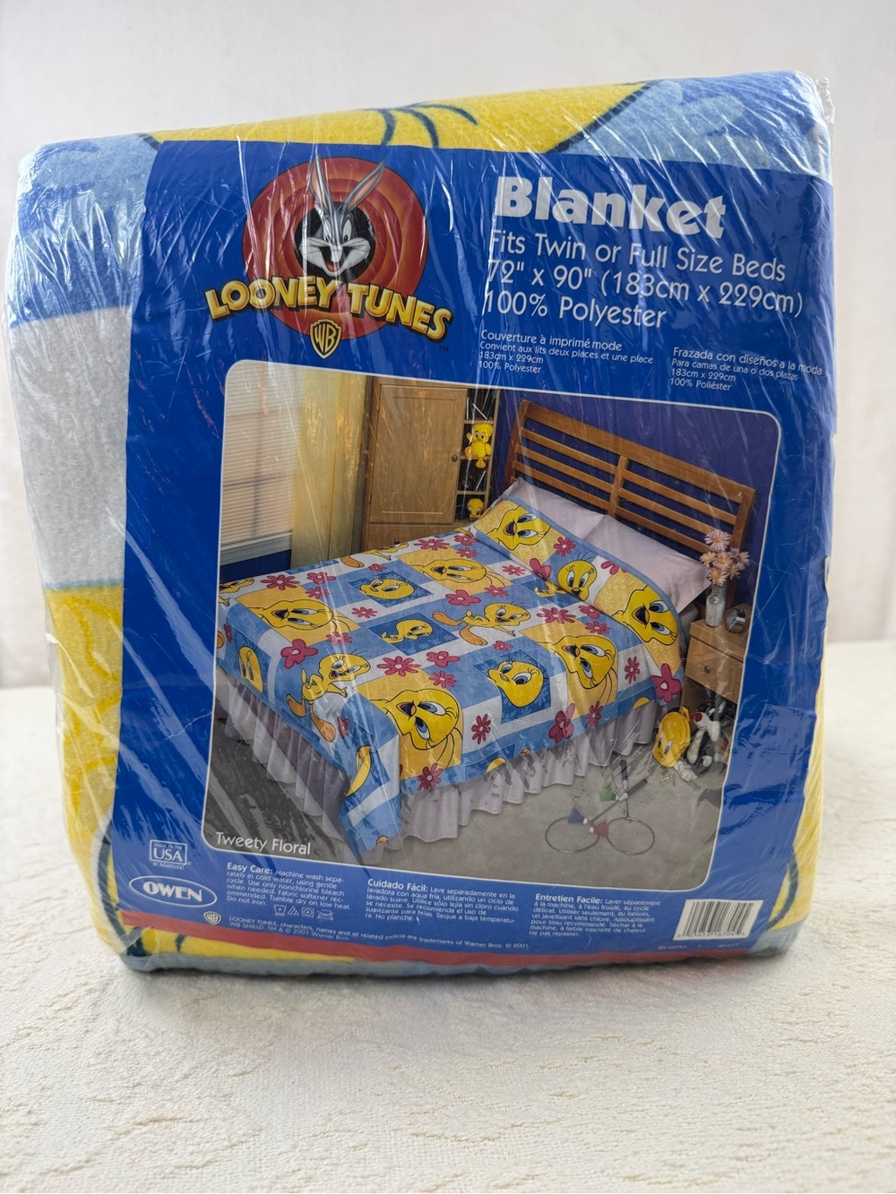 Vintage 2001 Looney Tunes Tweety Bird Floral Blanket Twin Full 72x90 NOS